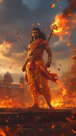 Warrior prince amid blazing ruins and storm-lit skies.