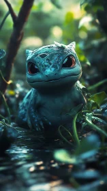 Gentle forest reptile peeking curiously from the stream.