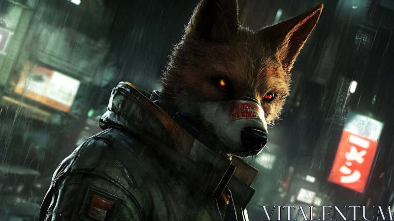 Cyberpunk fox mercenary in neon rain-soaked alleyway.
