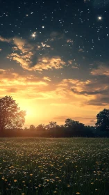 Starlit meadow sunset under glowing clouds and horizon line.