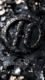 Metallic circular emblem submerged in fragmented glossy debris