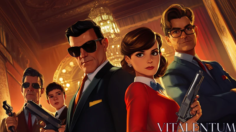 Velvet ballroom agents stand poised beneath blazing chandeliers.