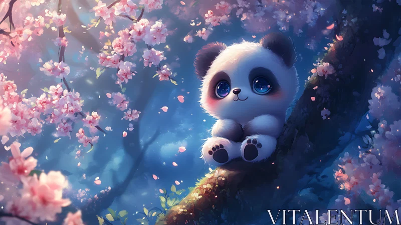 Baby panda sits on tree branch among pink blossoms