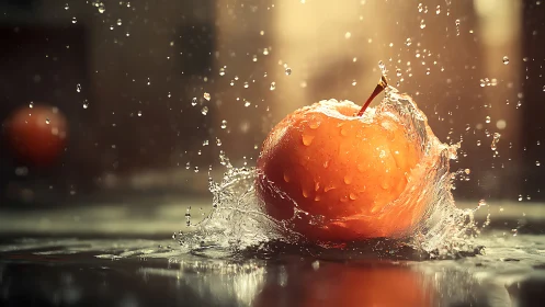 Crisp orange apple splashing through dramatic backlit water.