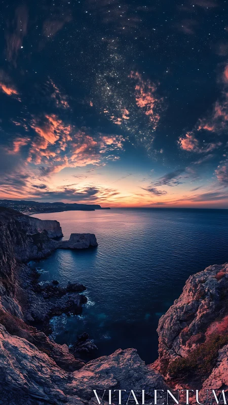 Vertical twilight seascape uniting star-rich sky and rugged cliffs