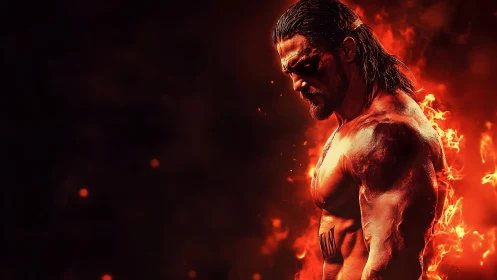 Muscular male warrior in fiery backlight with embers swirling