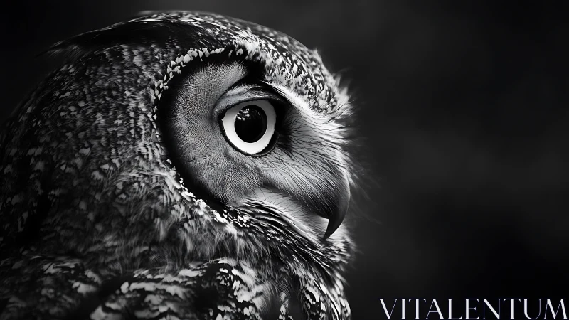 Close-up black and white portrait of an owl with striking detail.