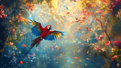 Scarlet macaw glides through dense, light-filled forest clearing