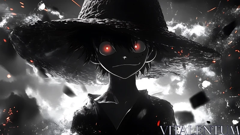 Dark silhouette character with straw hat and glowing eyes.