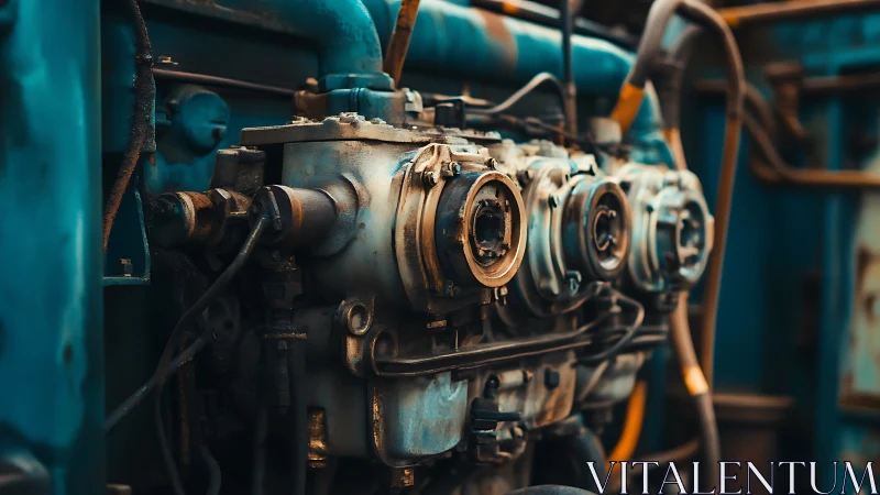Industrial engine close-up with worn metal components.