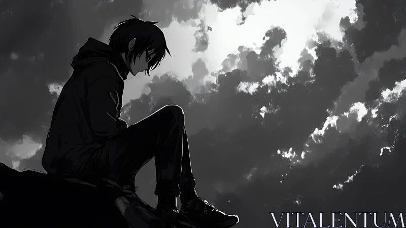 Solitary anime figure contemplates beneath storm-lit sky.