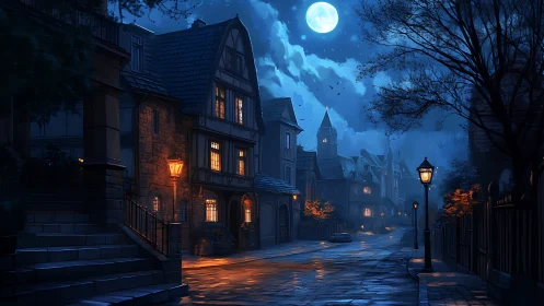 Moonlit village street welcomes a quiet, spellbound walk