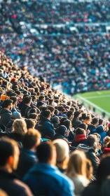Sunlit football stadium crowd fills steep stands