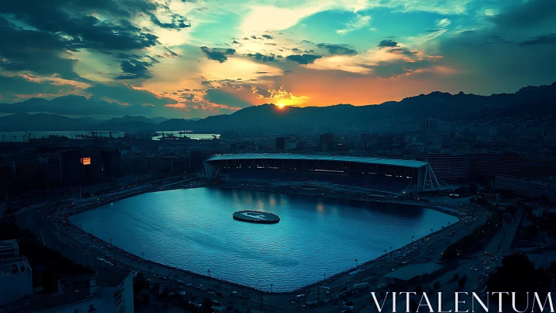 Coastal stadium encircles reflective water under cyan sunset