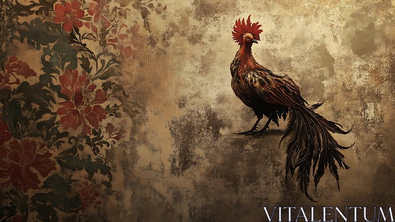 Regal rooster pauses beside weathered floral wall art