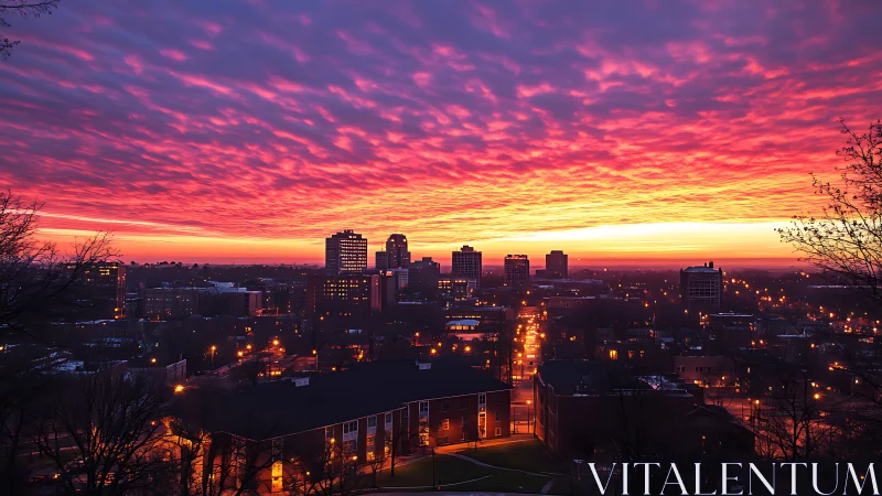 City sunrise wrapped in fiery clouds and quiet golden streets.