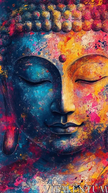 Serene Buddha face drifts between blazing color and quiet dusk