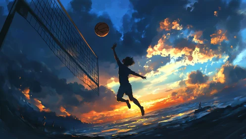 Teen jumps to hit ball over seaside net at sunset.