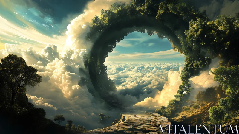 Circular foliage portal structure above dense cloudscape.