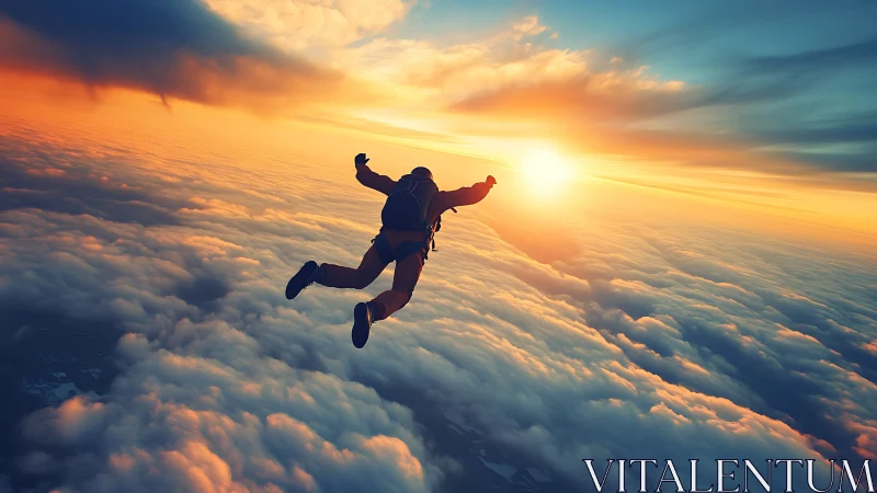 Sunset skydiver surfing the cloud sea at golden hour.