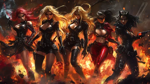 Group of armored women advancing amid flames and smoke.