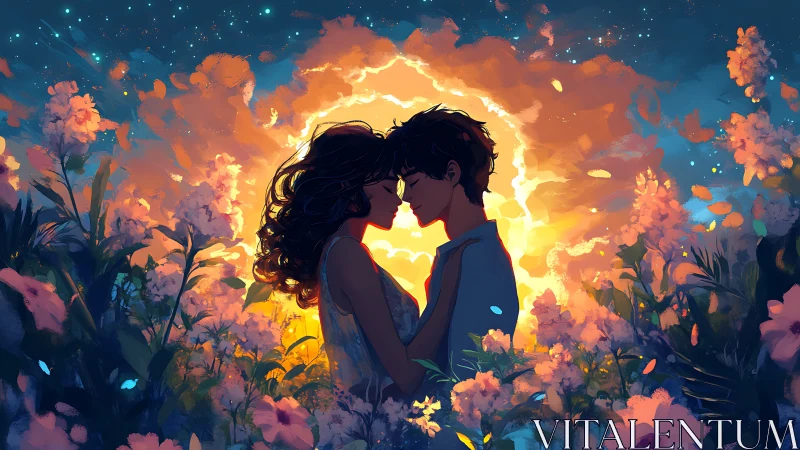 Luminescent Reunion: Digital Silhouettes Against Incandescent Blooms.