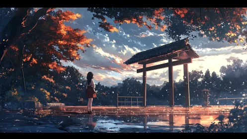 Autumn shrine gateway under glowing evening sky reflections.