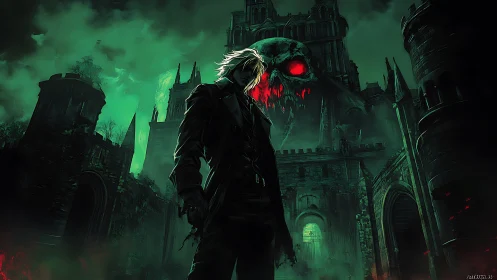 Lone hunter confronts cursed citadel under eerie green sky