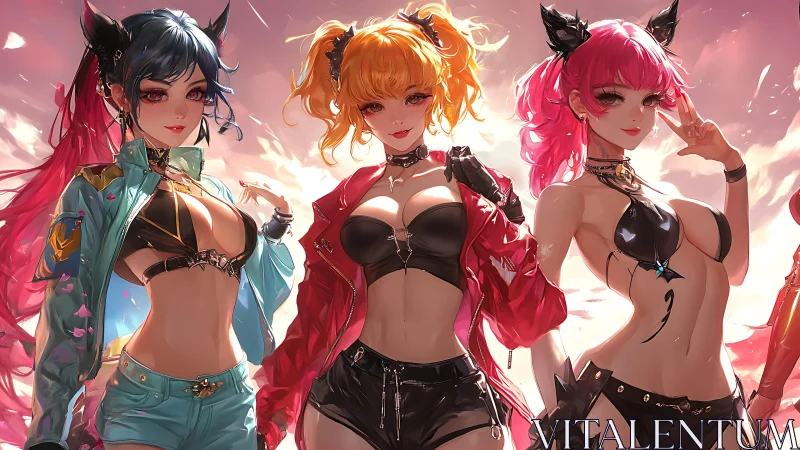 Stylized trio of anime girls in black tops and jackets.