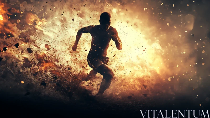 Silhouetted runner bursts through blazing explosion of energy
