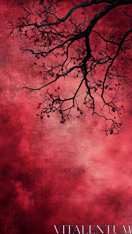 Dark tree branches cut into textured crimson sky field.