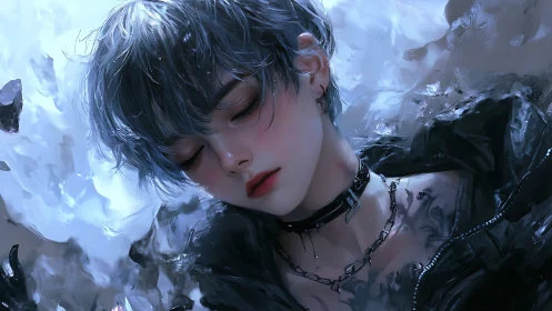 Androgynous figure in icy blue palette with ethereal lighting.
