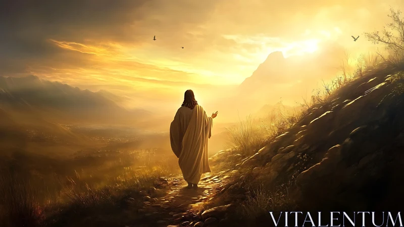 Robe‑clad figure walks sunlit mountain trail at dawn.