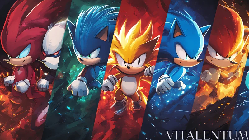 Electric hedgehog heroes racing through swirling elements.
