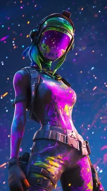 Neon armored figure stands in colorful particle field