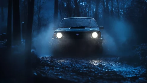Moody off-road sedan in cinematic night forest composition.