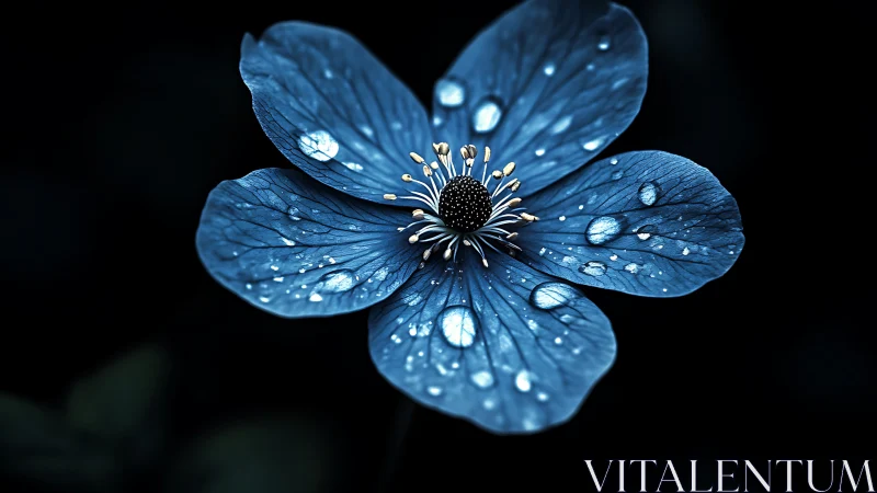 Sapphire petals jeweled in dewdrops against obsidian night.