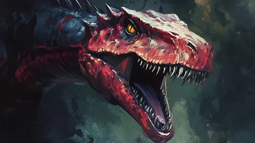 Scarlet raptor erupts from shadow with molten-gold eyes.