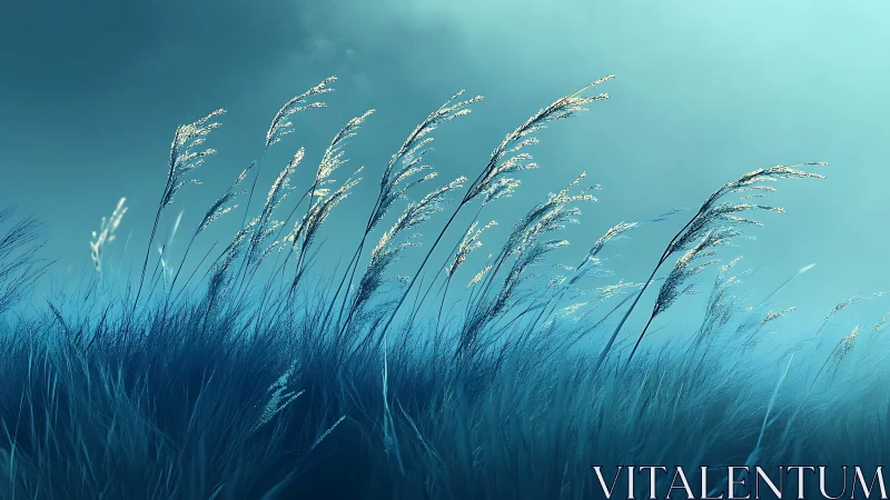 Tall Grasses Swaying in Blue Twilight, Dreamy Landscape Style.