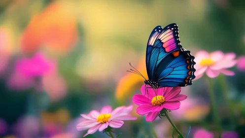 Macro study of iridescent blue butterfly on pink cosmos bloom