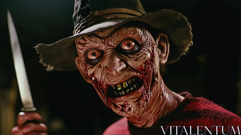 Grotesque humanoid figure with hat, knife and damaged skin.