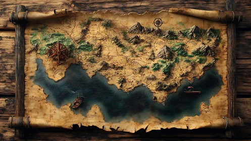 Fantasy coastal kingdom map on aged parchment scroll.