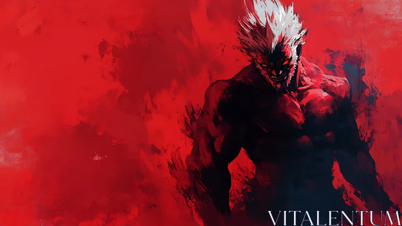 Monochrome red inferno with white haired muscular figure emerging