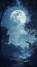 Lunar-illuminated woodland path under particulate night sky.