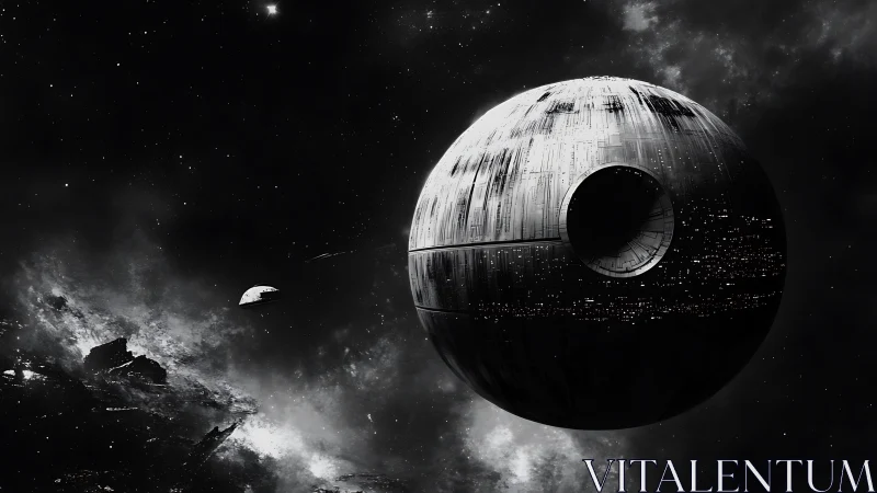 Massive spherical battle station in deep outer space.