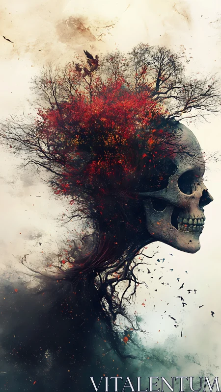 Skull dissolves into autumn forest crowned by dark birds
