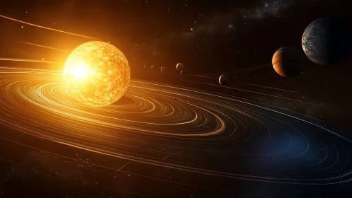 Stellar system in orbit with glowing rings and distant planets.
