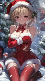 High-saturation winter portrait of festive anime character.