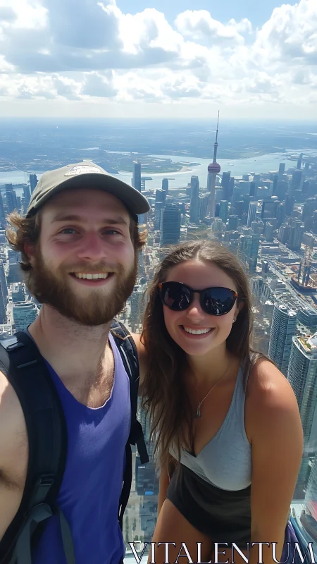 Smiling couple taking city skyline selfie from high viewpoint.