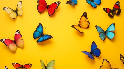 Vibrant butterflies hover over rich yellow minimal background.